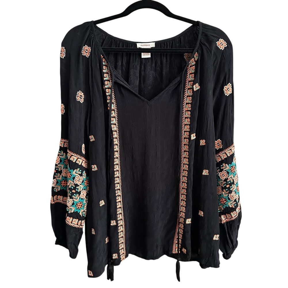 Sundance Black Boho Blouse with Teal and Peach Embroidery